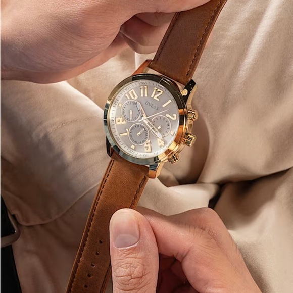 GUESS Gold Chronograph Watch with Brown Leather Strap - Picture 3 of 8